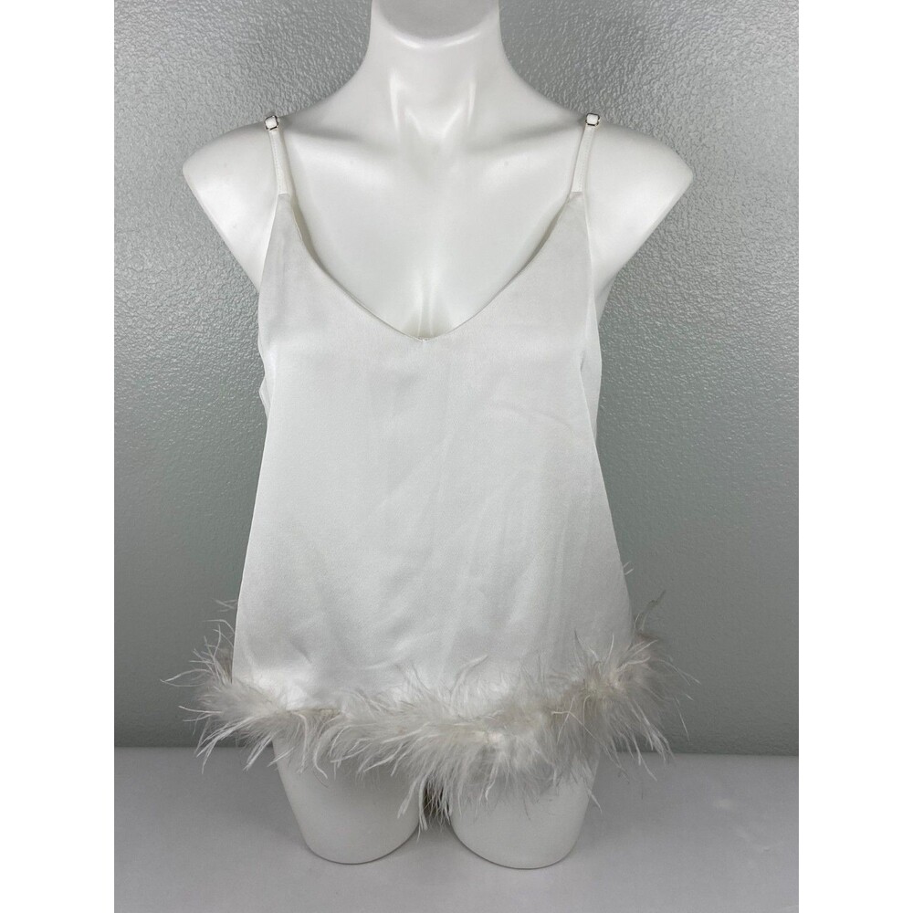 eesome Women Medium White Camisole Top Feather Trim Sexy NWT